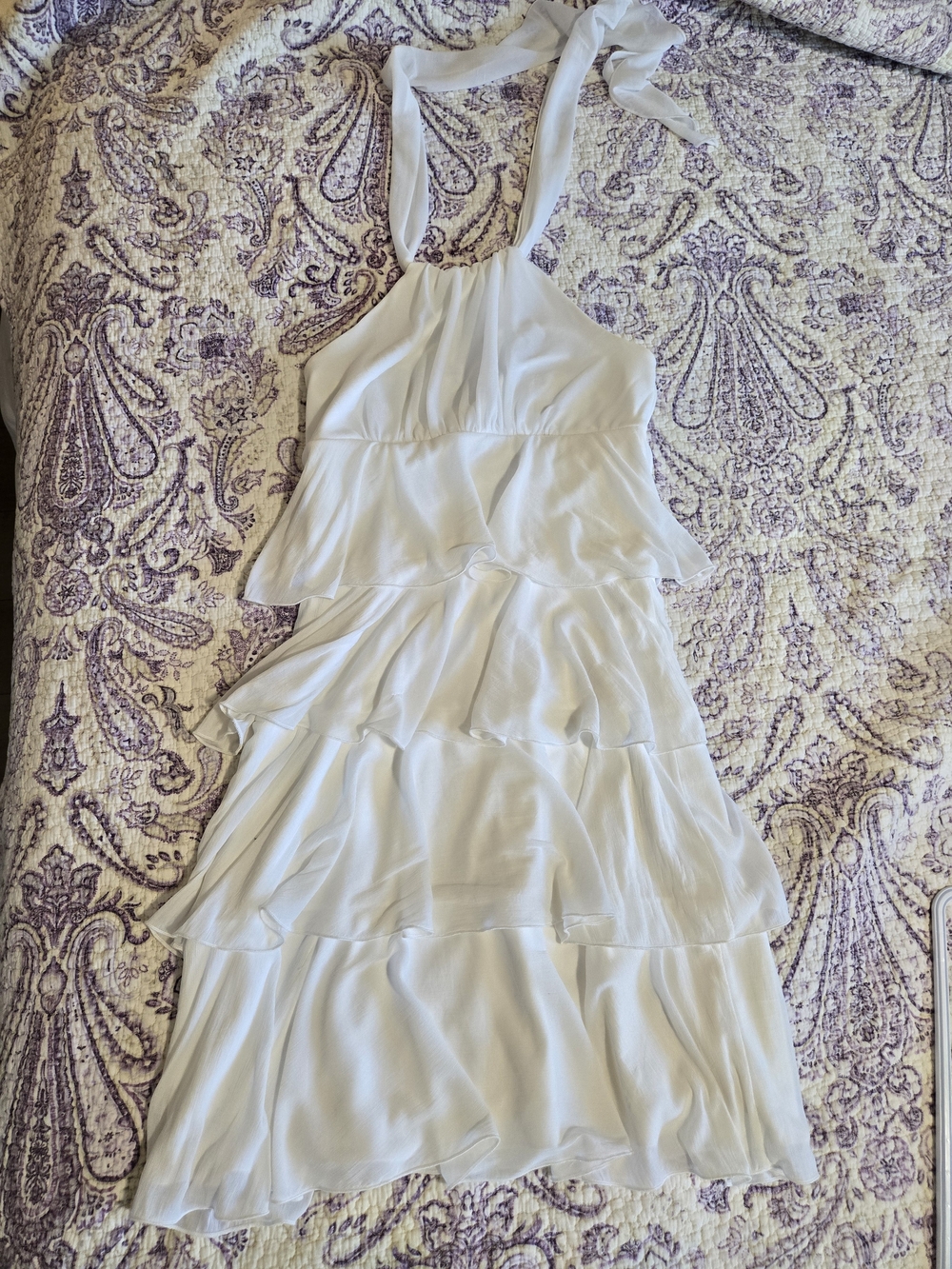 le chateau white a-line tiered halter ruffle mini dress, tie neck, fully lined